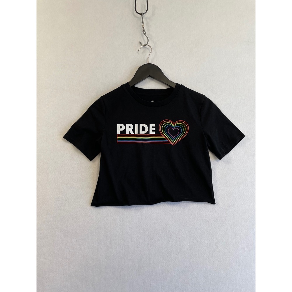 Rainbow Pride Crop Top Womens Medium Black Raw Hem Retro Graphic Tee